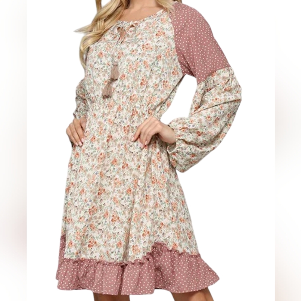 Gigio Floral & Dot Ruffle Hem Dress